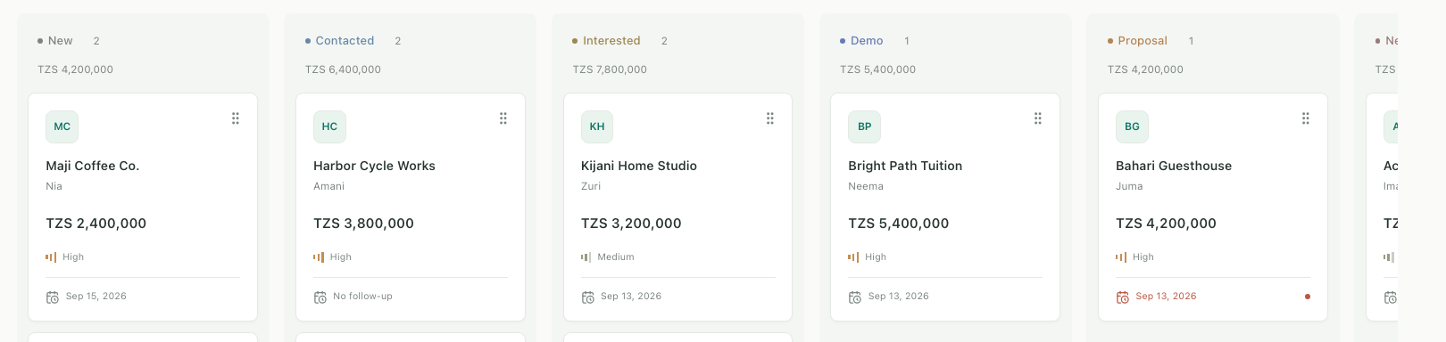 Purselo pipeline columns — New, Contacted, Interested, Demo, Proposal — each with lead cards and totals.